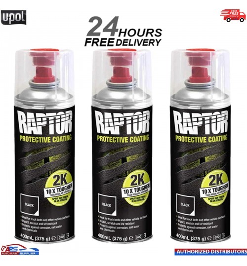 3X UPOL RAPTOR 2K TOUGH BED LINER U-POL PROTECTOR 400ML AEROSOL - BLACK